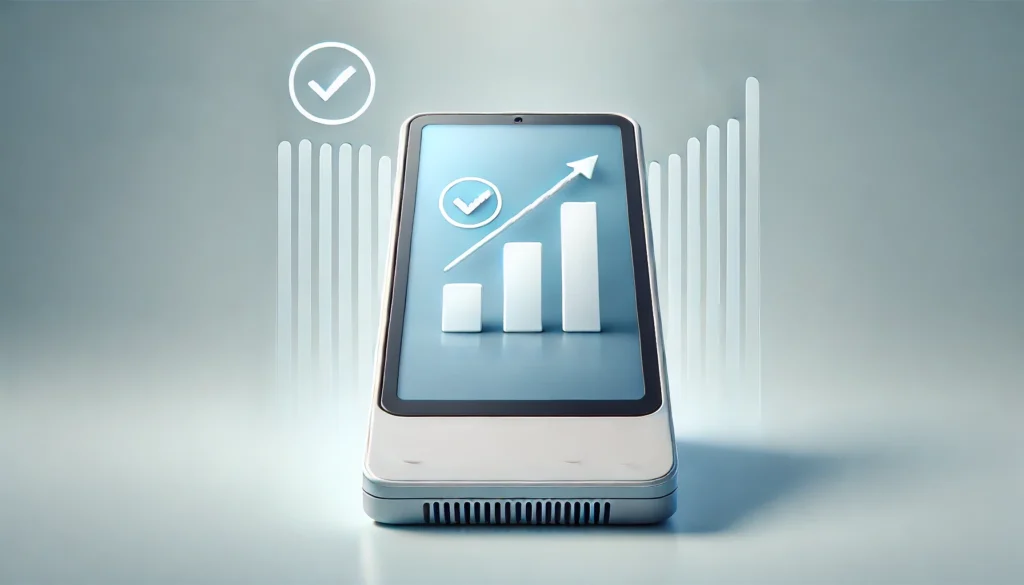 DALL·E 2025 02 12 13.28.30 A minimalist digital illustration featuring a modern Android POS device at the center with a fully digital touchscreen and no physical buttons. Beside